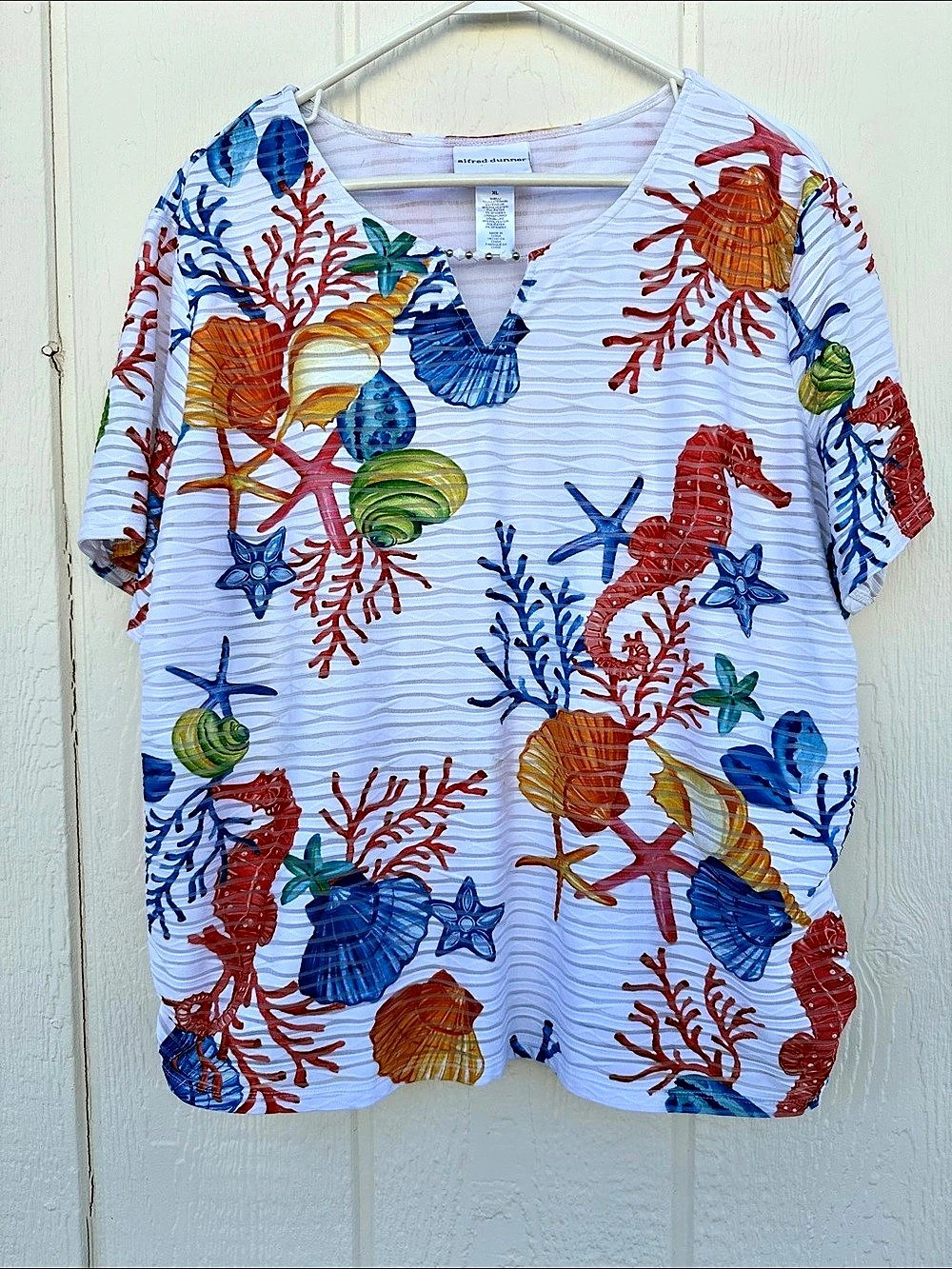 Alfred Dunner Women’s Size XL Neptune Beach Sea Life Print Short Sleeve Top